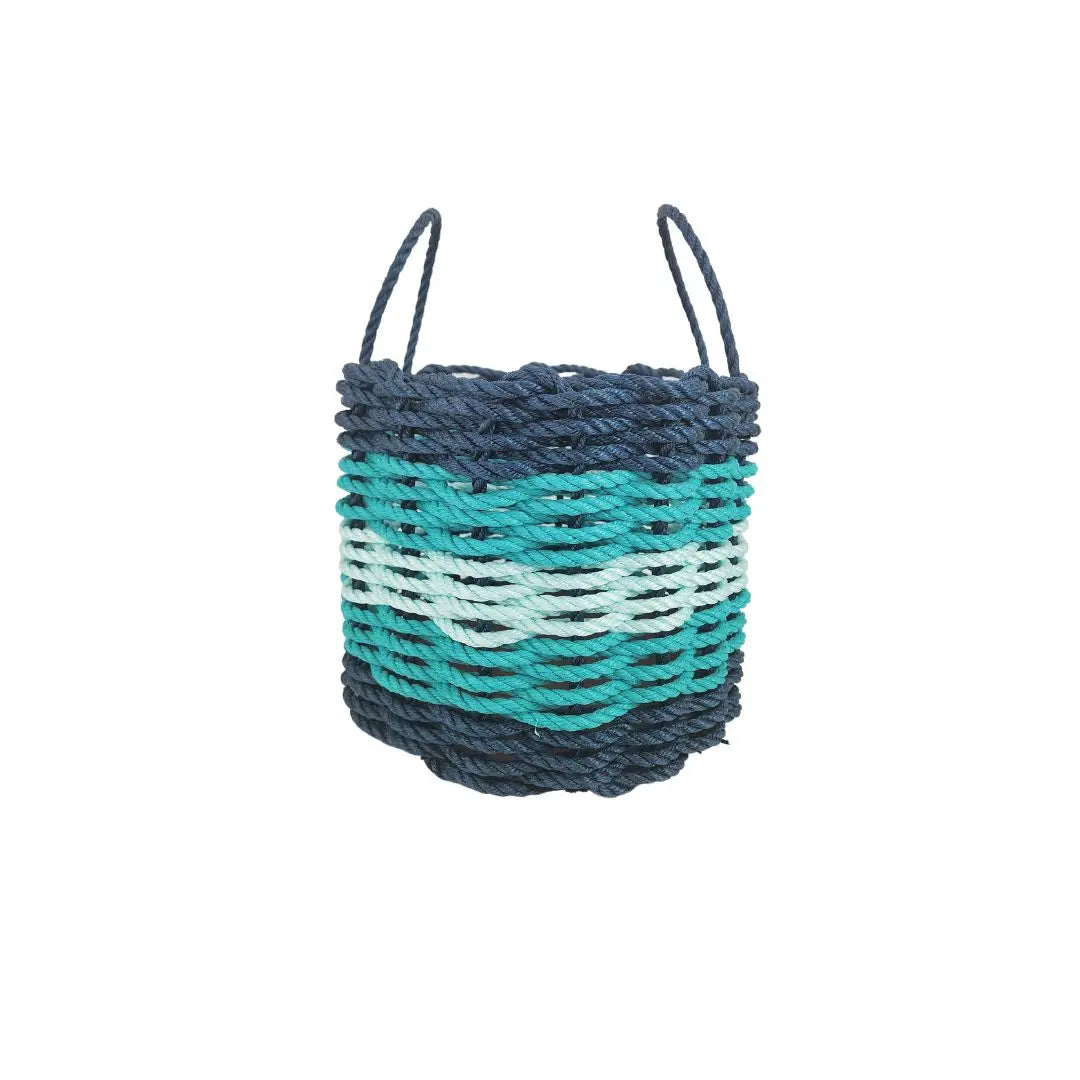 Five Stripe Rope Storage Basket in Navy Blue, Teal, and Seafoam colors, shown in three sizes