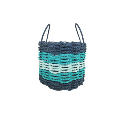 Five Stripe Rope Storage Basket in Navy Blue, Teal, and Seafoam colors, shown in three sizes