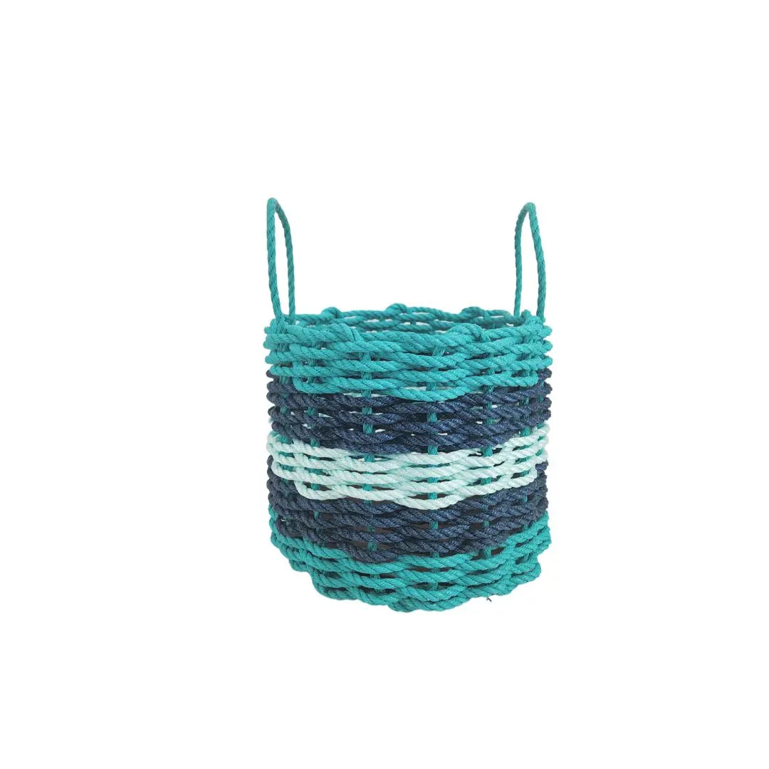 Five Stripe Rope Storage Basket in teal, navy blue, and seafoam colors, shown in three sizes