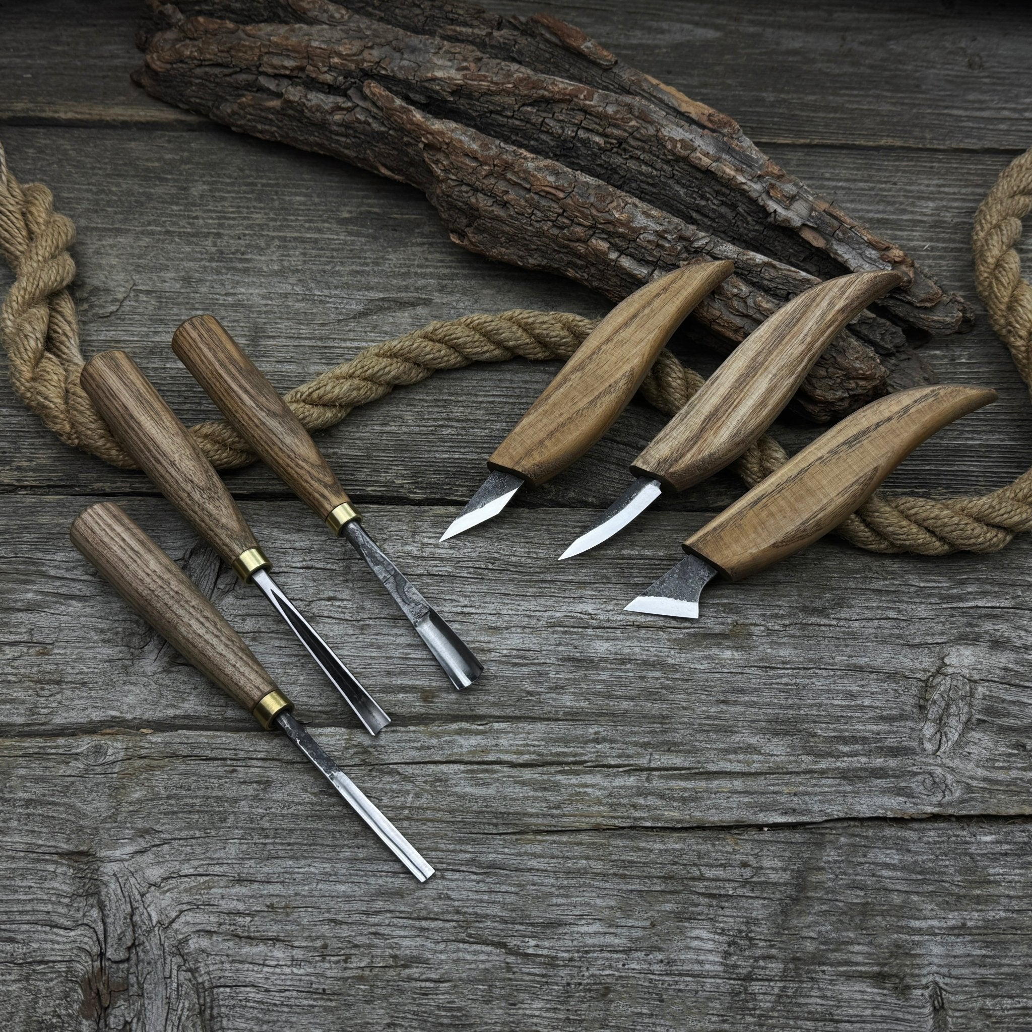 6-piece wood carving knife, chisel, and gouge set with ash wood handles and forged steel blades
