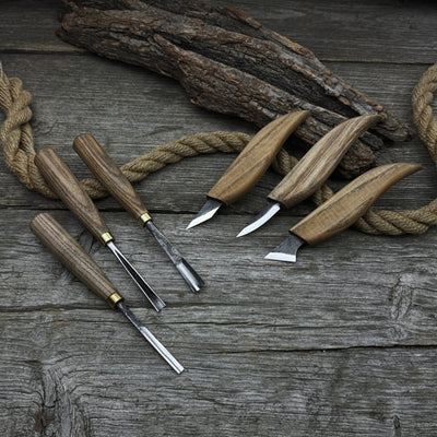6-piece wood carving knife, chisel, and gouge set with ash wood handles and forged steel blades