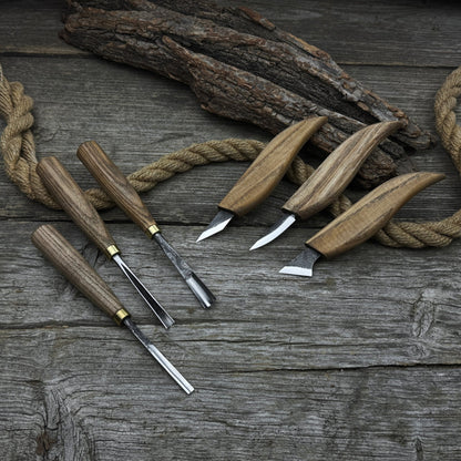 6-piece wood carving knife, chisel, and gouge set with ash wood handles and forged steel blades