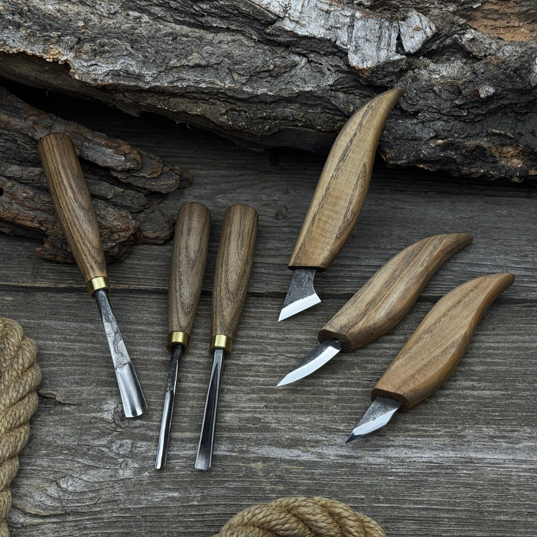 6-piece wood carving knife, chisel, and gouge set with ash wood handles and forged steel blades