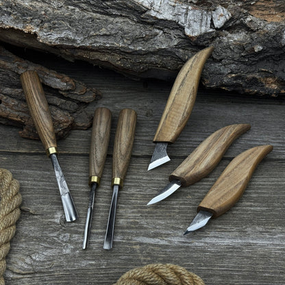 6-piece wood carving knife, chisel, and gouge set with ash wood handles and forged steel blades
