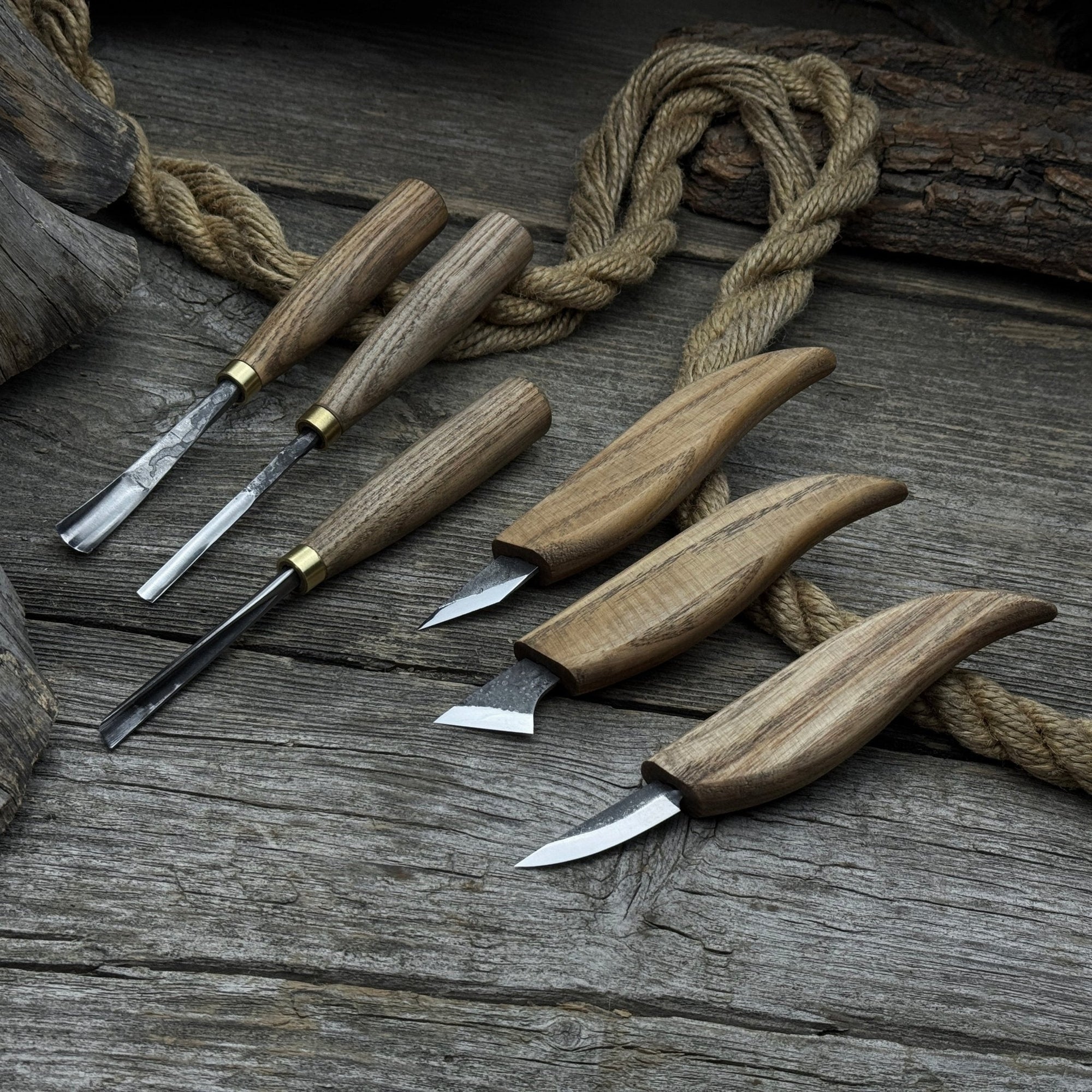 6-piece wood carving knife, chisel, and gouge set with ash wood handles and forged steel blades