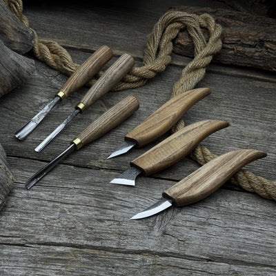 6-piece wood carving knife, chisel, and gouge set with ash wood handles and forged steel blades