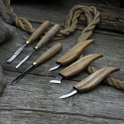 6-piece wood carving knife, chisel, and gouge set with ash wood handles and forged steel blades