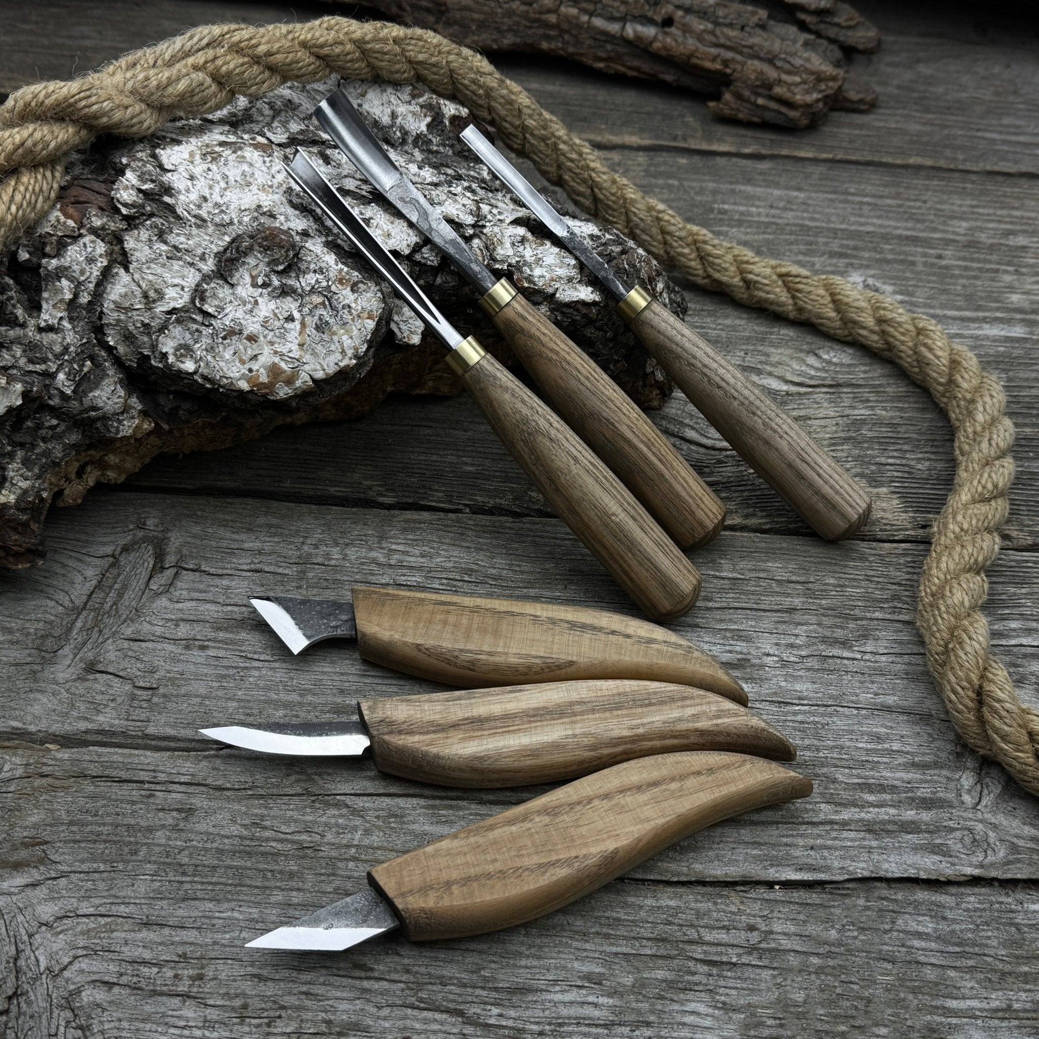 6-piece wood carving knife, chisel, and gouge set with ash wood handles and forged steel blades