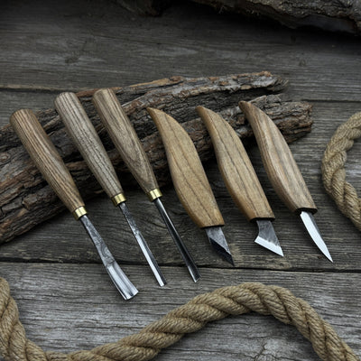 6-piece wood carving knife, chisel, and gouge set with ash wood handles and forged steel blades