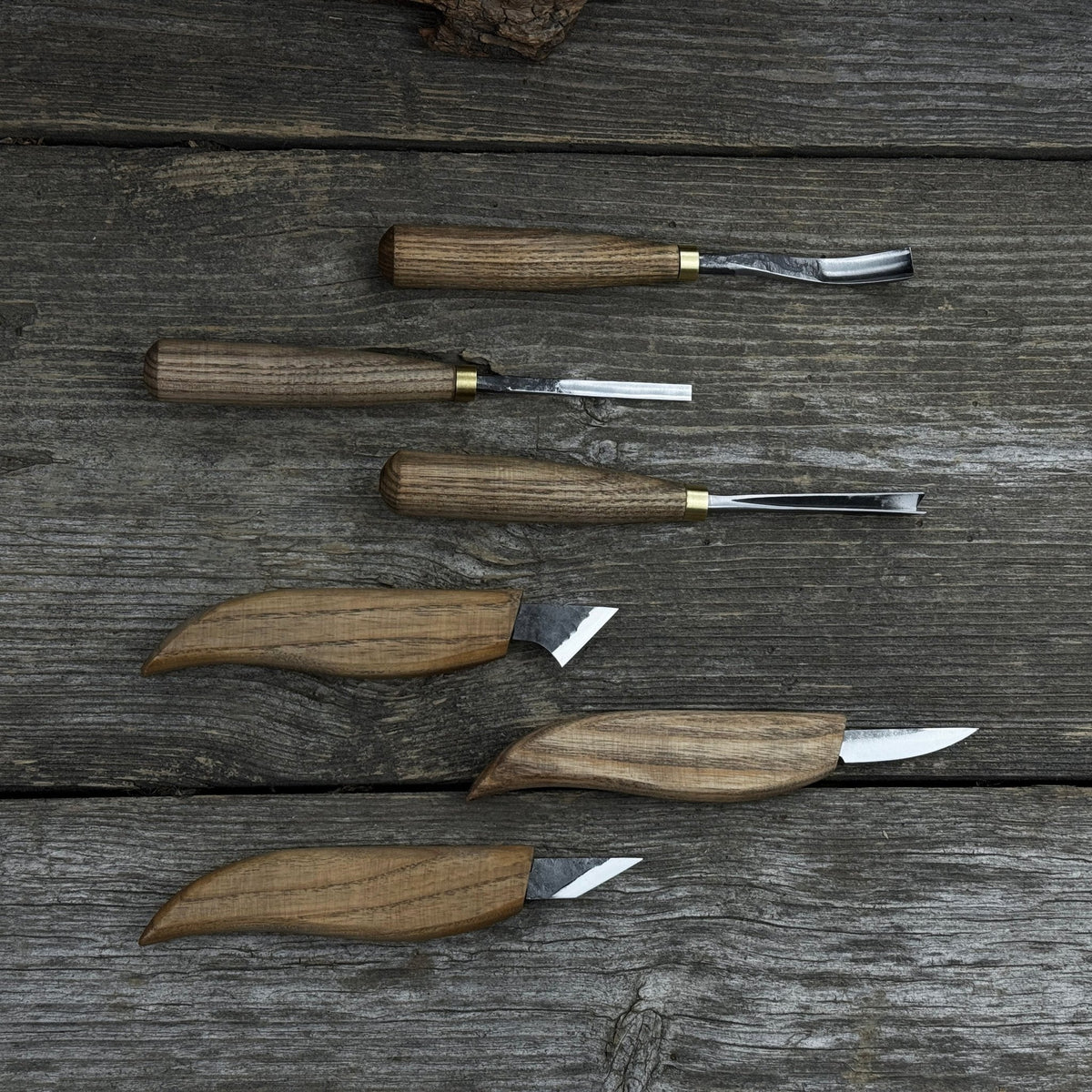6-piece wood carving knife, chisel, and gouge set with ash wood handles and forged steel blades