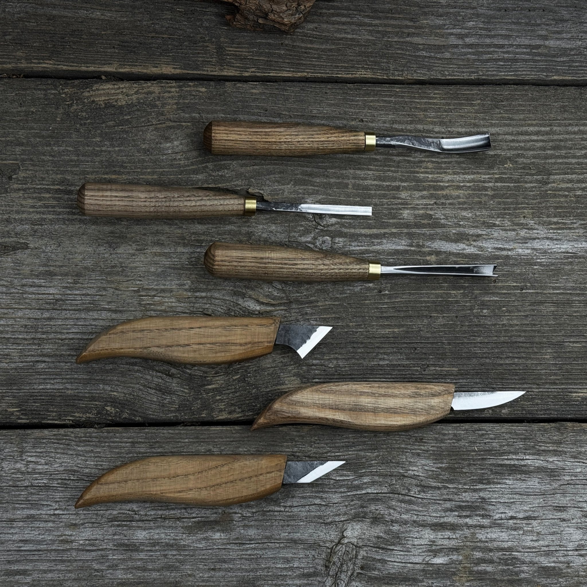 6-piece wood carving knife, chisel, and gouge set with ash wood handles and forged steel blades