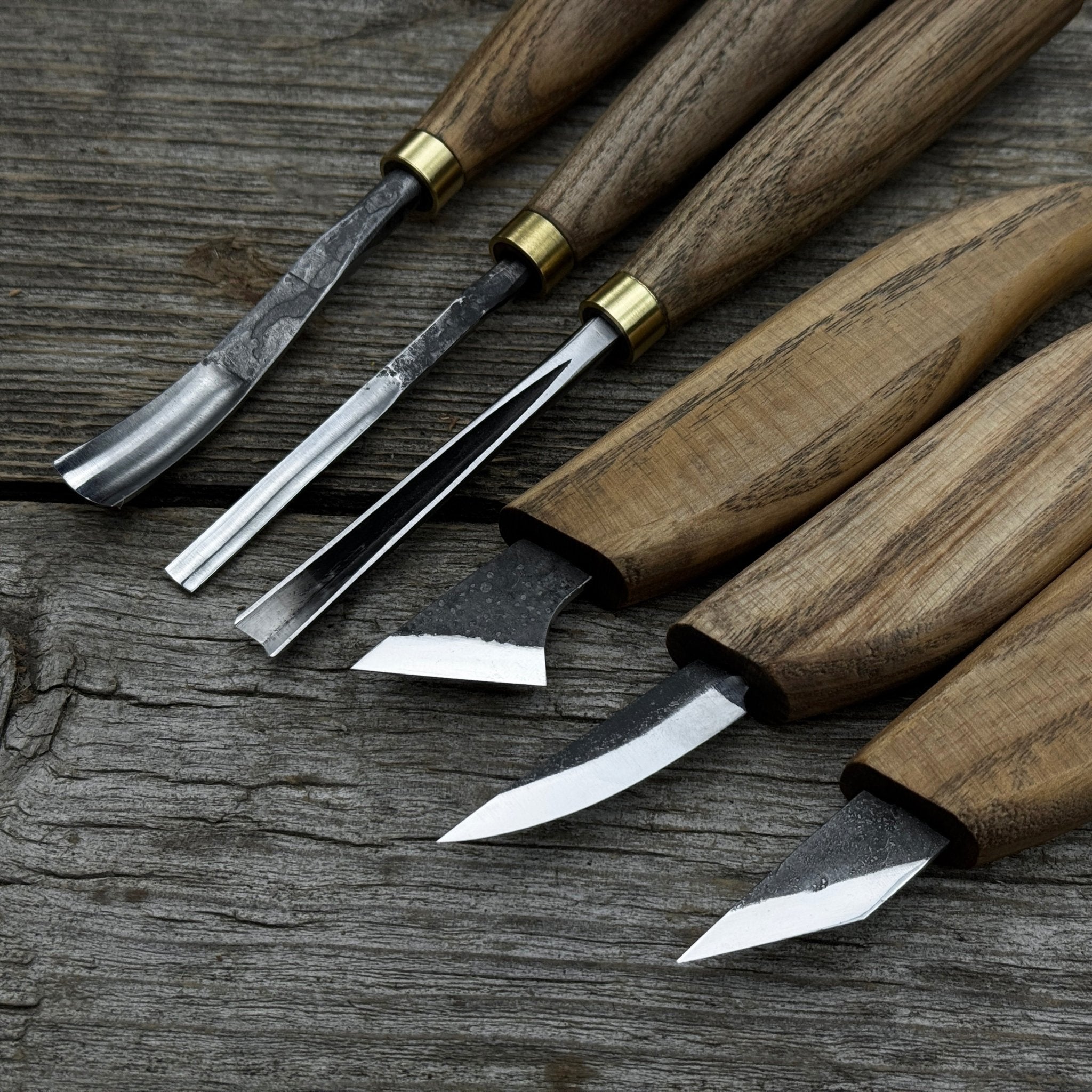 6-piece wood carving knife, chisel, and gouge set with ash wood handles and forged steel blades