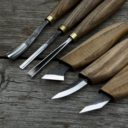 6-piece wood carving knife, chisel, and gouge set with ash wood handles and forged steel blades