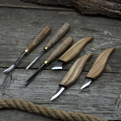 6-piece wood carving knife, chisel, and gouge set with ash wood handles and forged steel blades