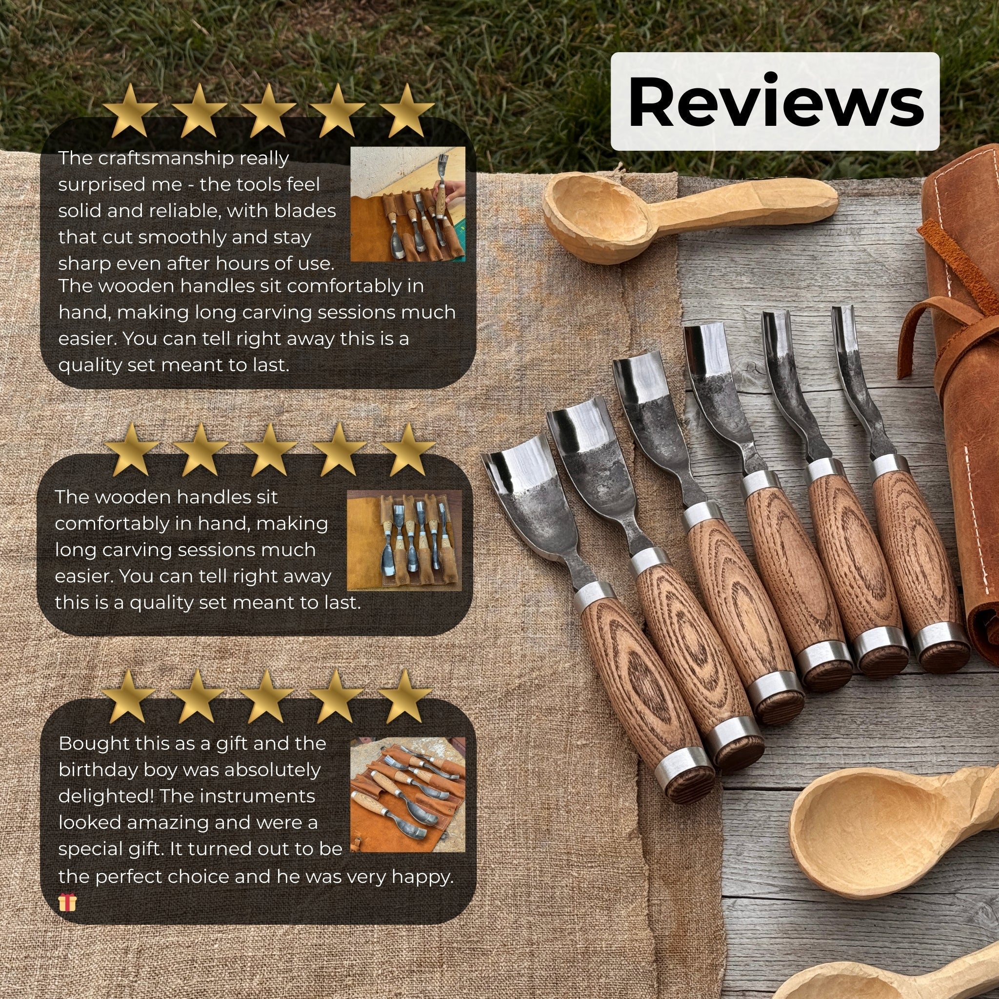 6-Piece Long Bent Gouge Set with hand-forged carbon steel blades and ash wood handles