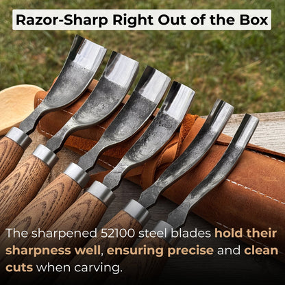 6-Piece Long Bent Gouge Set with hand-forged carbon steel blades and ash wood handles