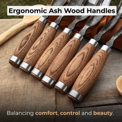 6-Piece Long Bent Gouge Set with hand-forged carbon steel blades and ash wood handles