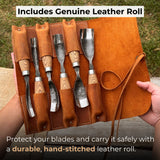 6-Piece Long Bent Gouge Set with hand-forged carbon steel blades and ash wood handles