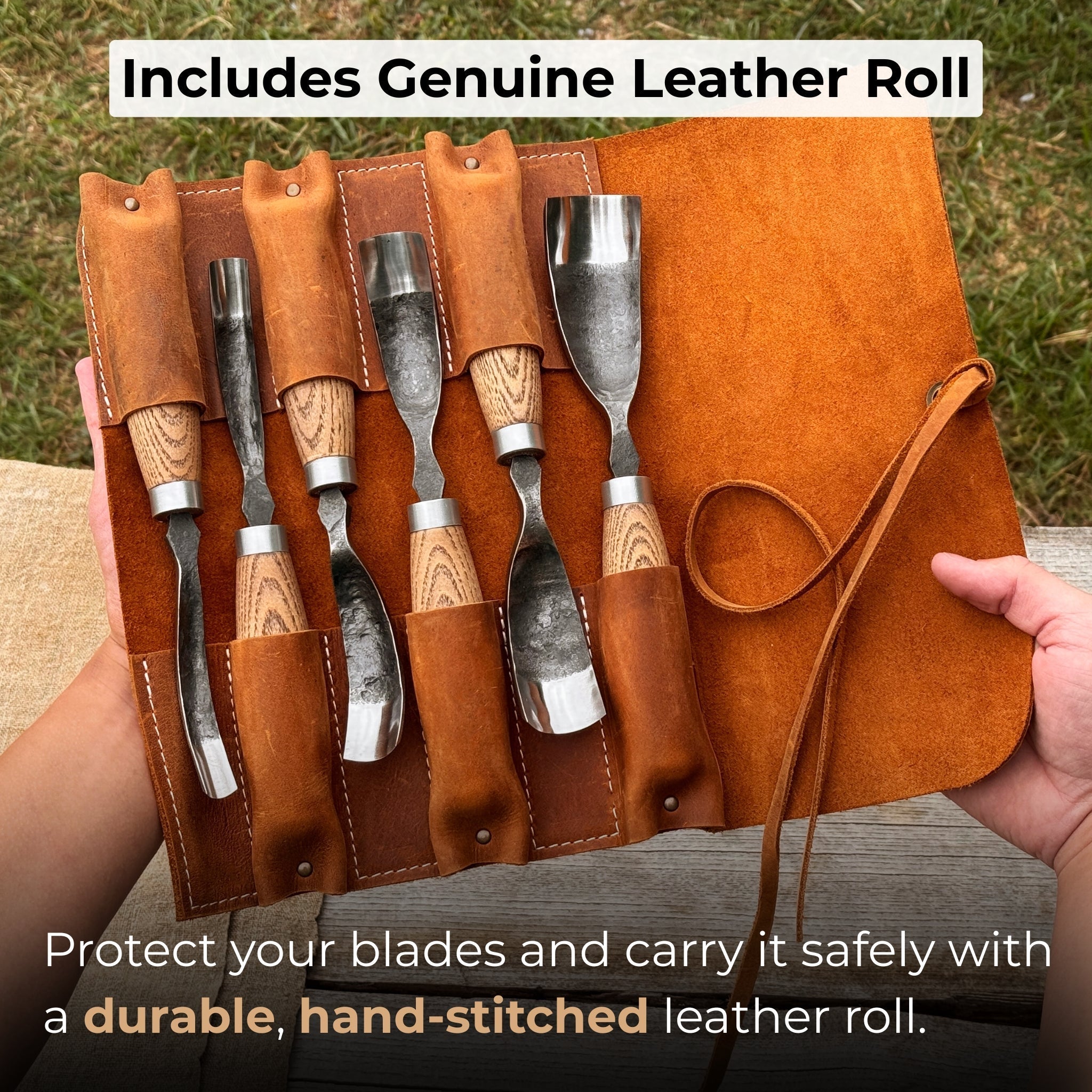 6-Piece Long Bent Gouge Set with hand-forged carbon steel blades and ash wood handles