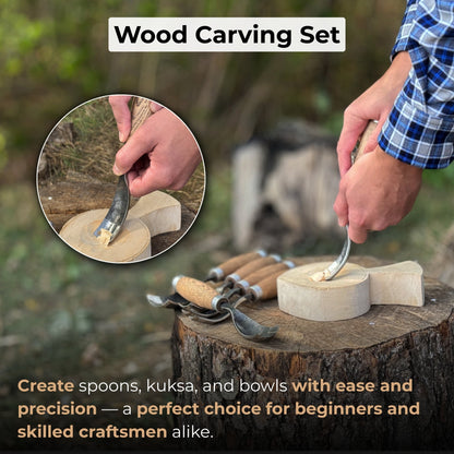 6-Piece Long Bent Gouge Set with hand-forged carbon steel blades and ash wood handles
