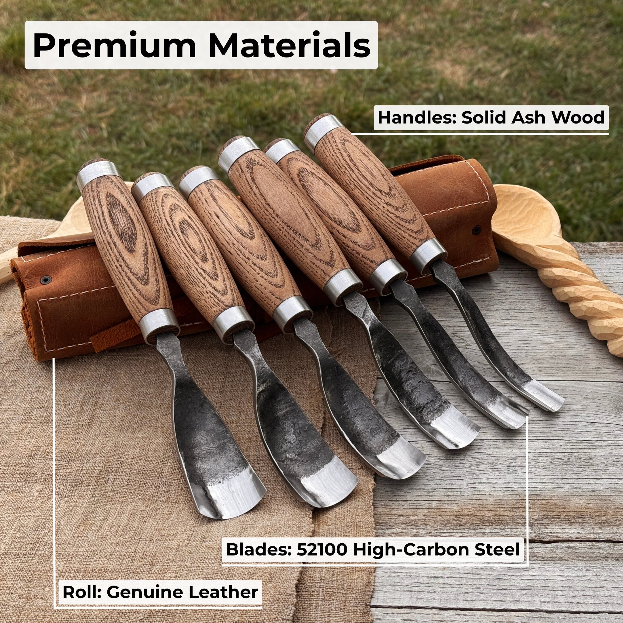 6-Piece Long Bent Gouge Set with hand-forged carbon steel blades and ash wood handles