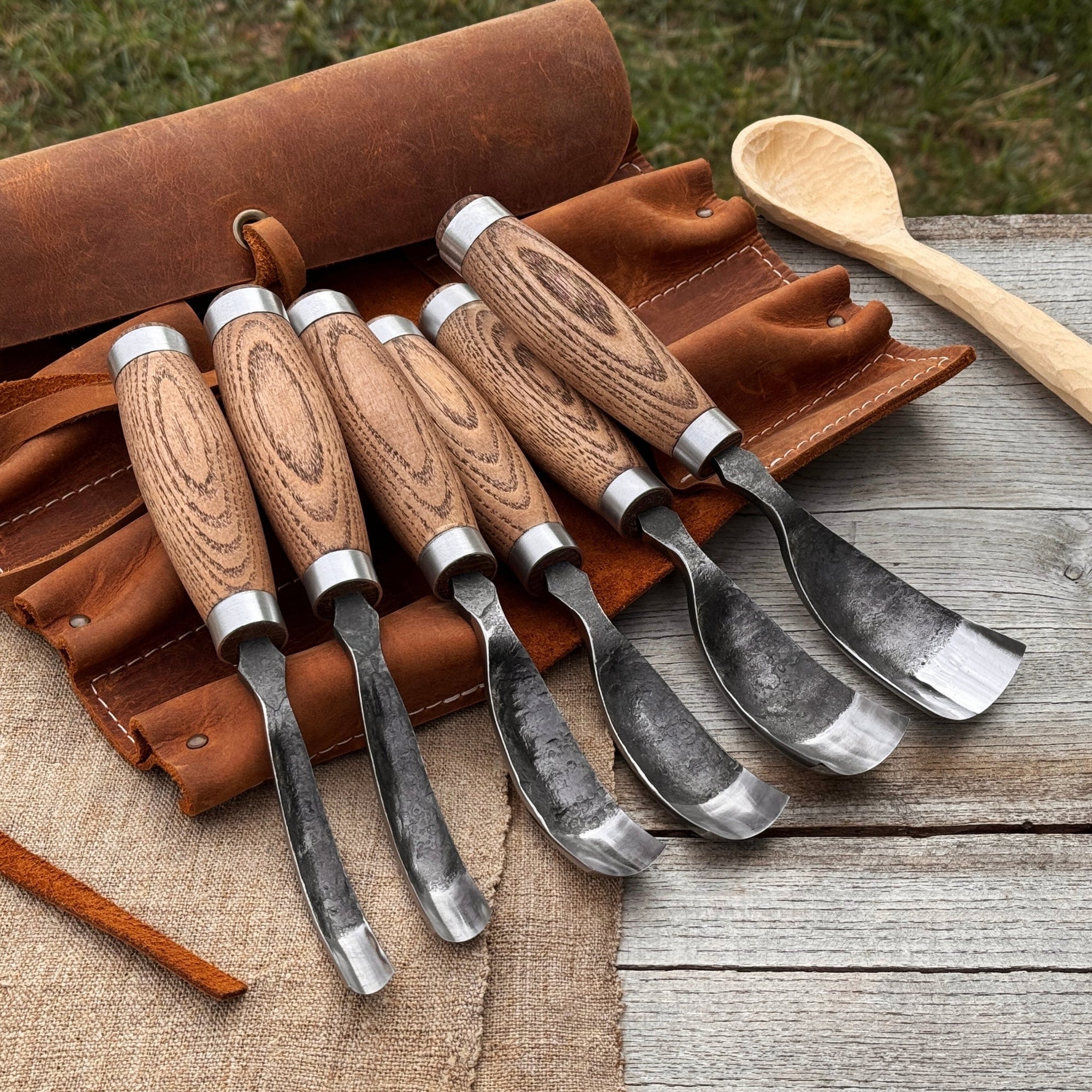 6-Piece Long Bent Gouge Set with hand-forged carbon steel blades and ash wood handles