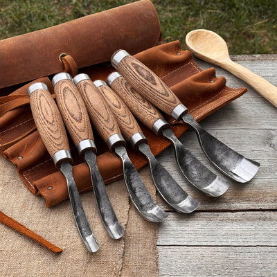 6-Piece Long Bent Gouge Set with hand-forged carbon steel blades and ash wood handles