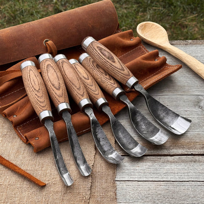 6-Piece Long Bent Gouge Set with hand-forged carbon steel blades and ash wood handles