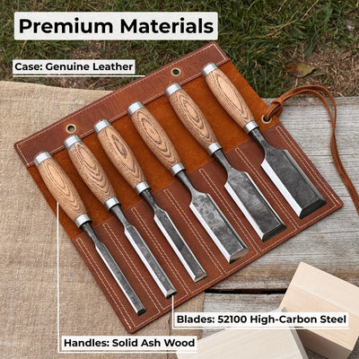 6-piece wood carving chisel set with ash handles and leather roll
