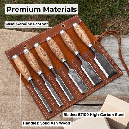 6-piece wood carving chisel set with ash handles and leather roll