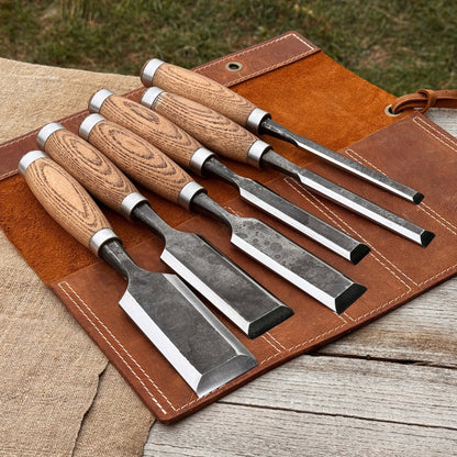 6-piece wood carving chisel set with ash handles and leather roll