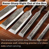 6-piece wood carving chisel set with ash handles and leather roll
