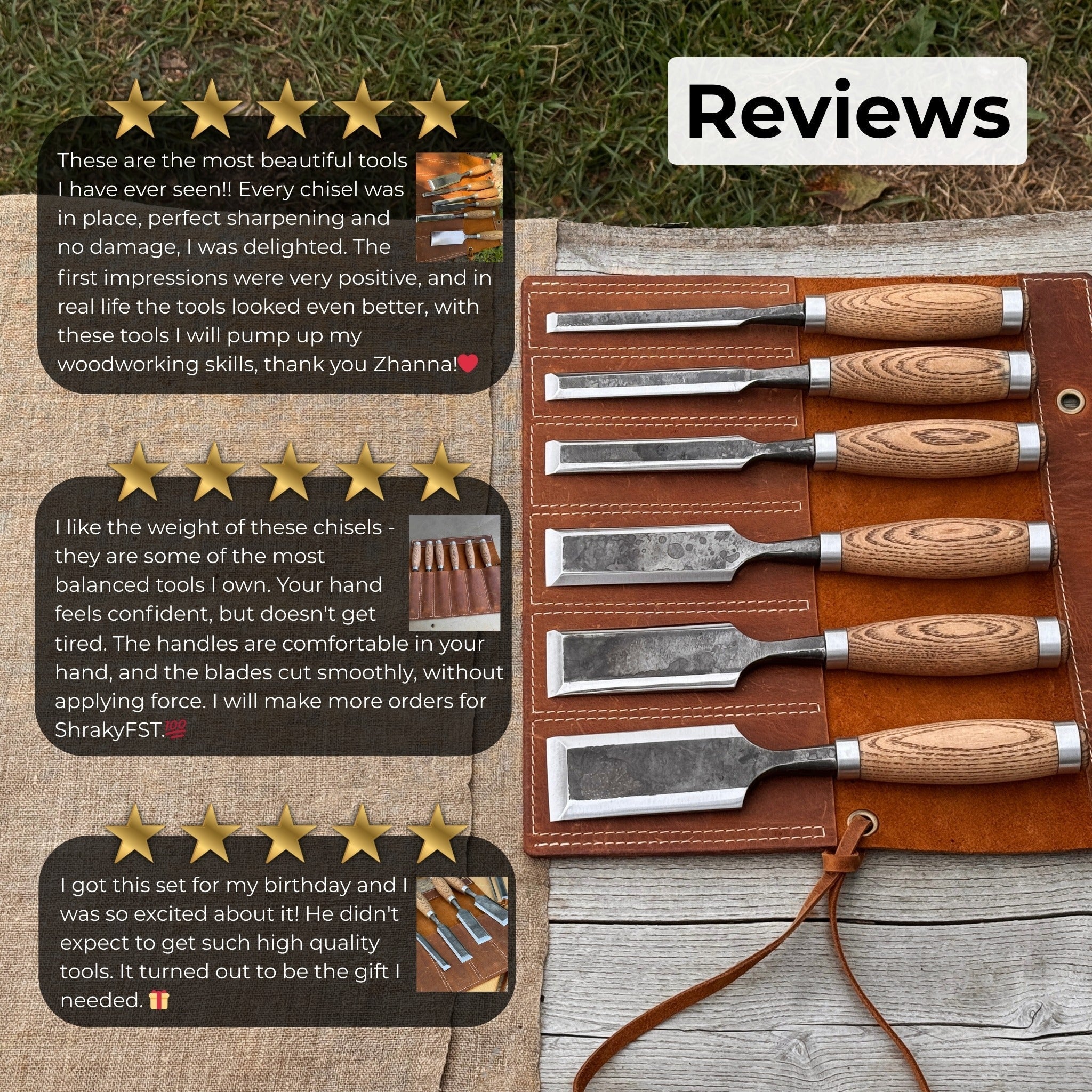 6-piece wood carving chisel set with ash handles and leather roll