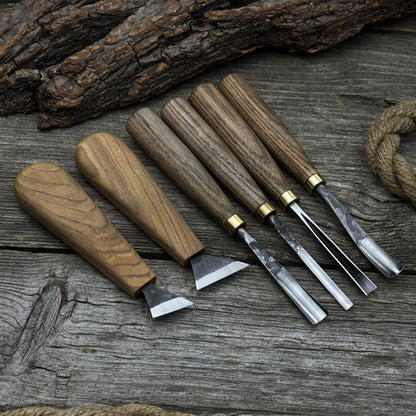 6-piece wood carving tool set including knives, gouges, and chisels with wooden handles