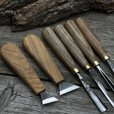 6-piece wood carving tool set including knives, gouges, and chisels with wooden handles