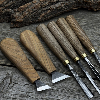 6-piece wood carving tool set including knives, gouges, and chisels with wooden handles