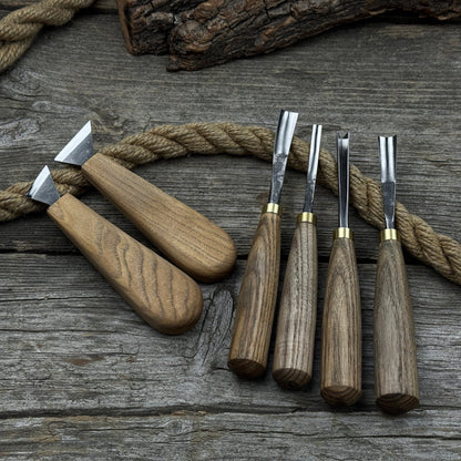 6-piece wood carving tool set including knives, gouges, and chisels with wooden handles
