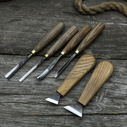 6-piece wood carving tool set including knives, gouges, and chisels with wooden handles