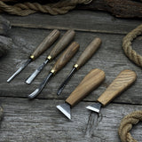 6-piece wood carving tool set including knives, gouges, and chisels with wooden handles