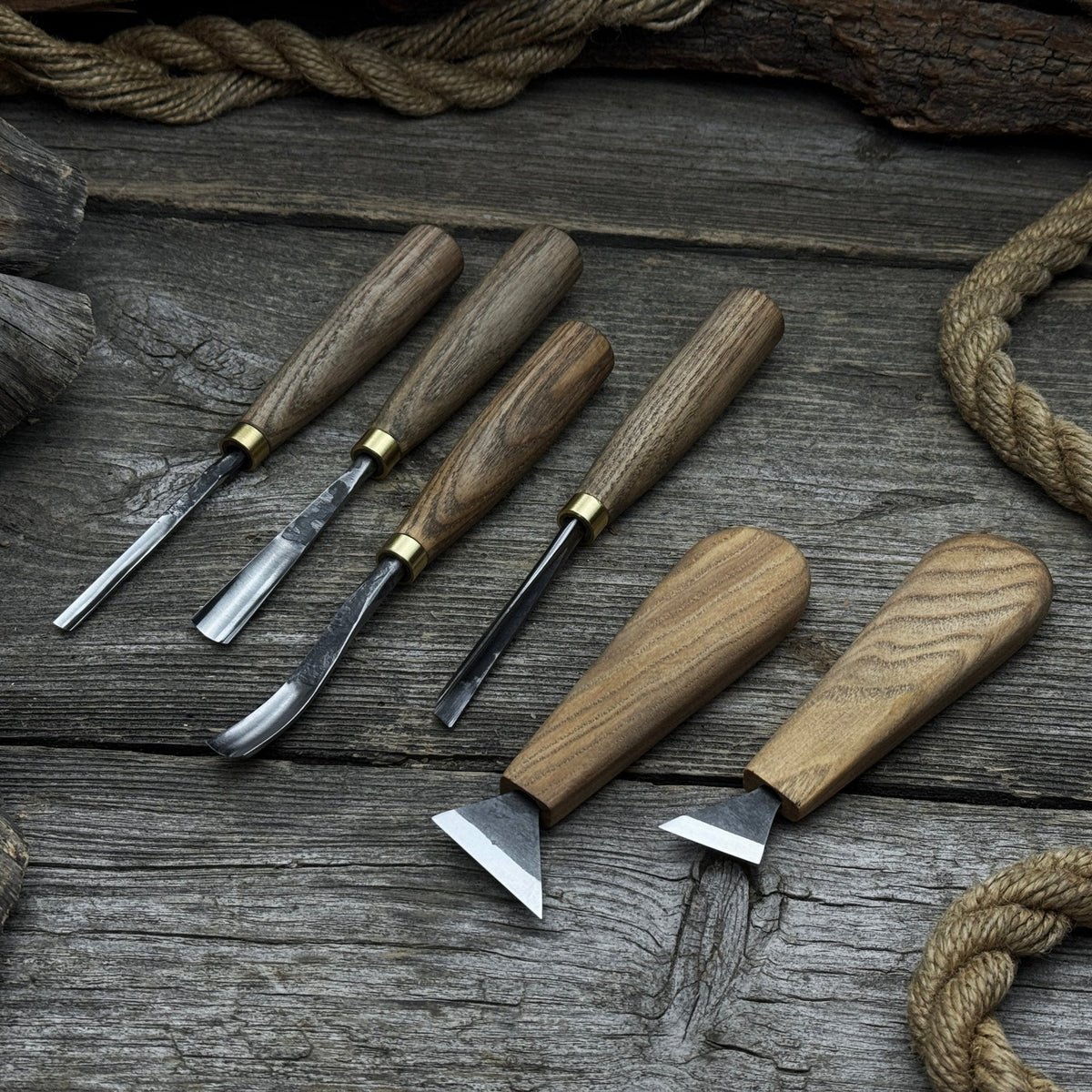 6-piece wood carving tool set including knives, gouges, and chisels with wooden handles