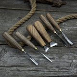 6-piece wood carving tool set including knives, gouges, and chisels with wooden handles