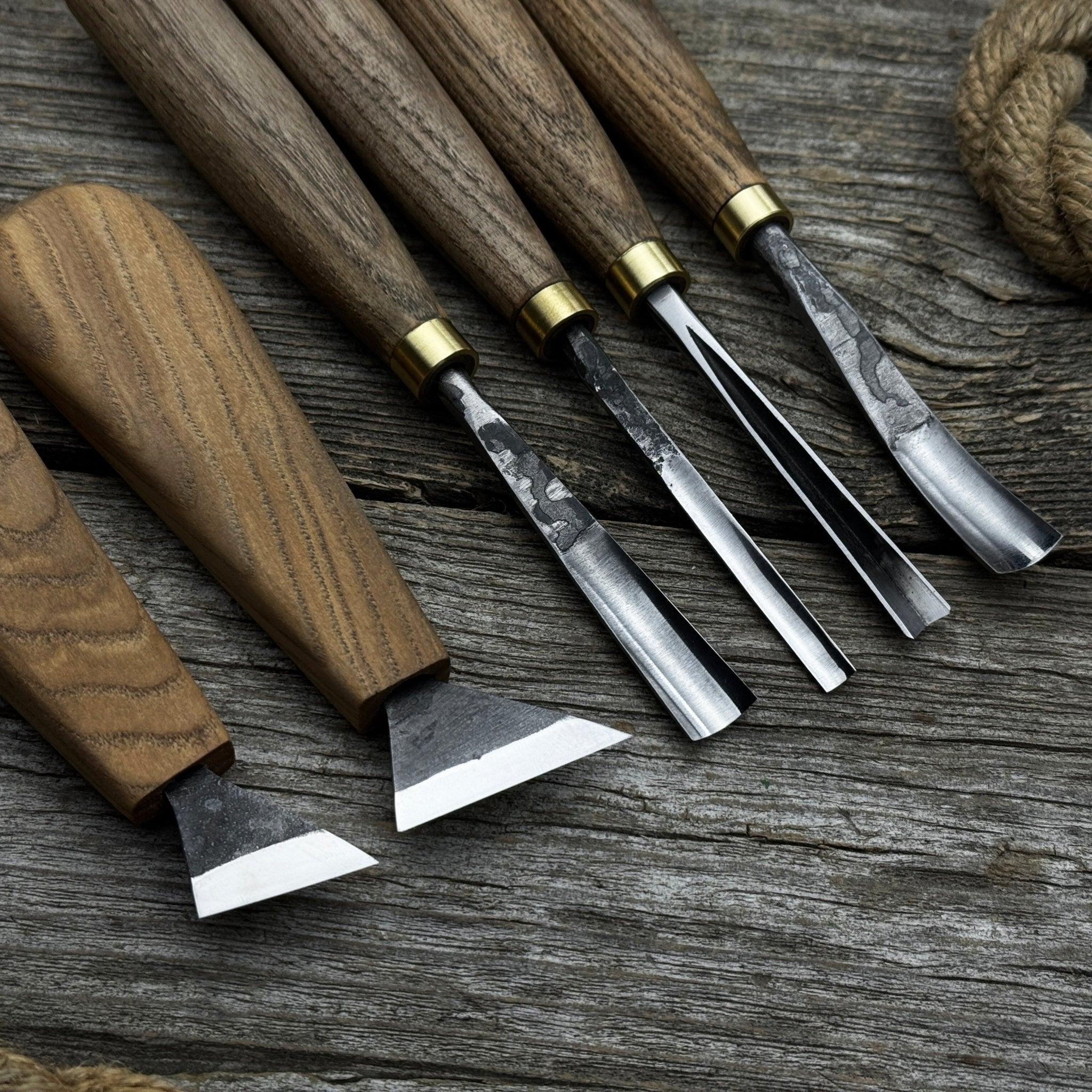 6-piece wood carving tool set including knives, gouges, and chisels with wooden handles