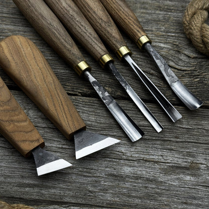 6-piece wood carving tool set including knives, gouges, and chisels with wooden handles
