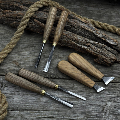 6-piece wood carving tool set including knives, gouges, and chisels with wooden handles