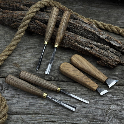 6-piece wood carving tool set including knives, gouges, and chisels with wooden handles