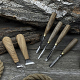 6-piece wood carving tool set including knives, gouges, and chisels with wooden handles