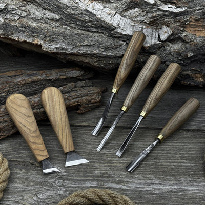 6-piece wood carving tool set including knives, gouges, and chisels with wooden handles