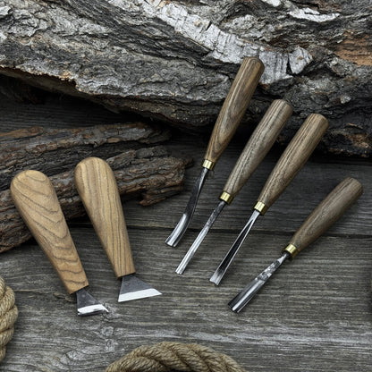 6-piece wood carving tool set including knives, gouges, and chisels with wooden handles