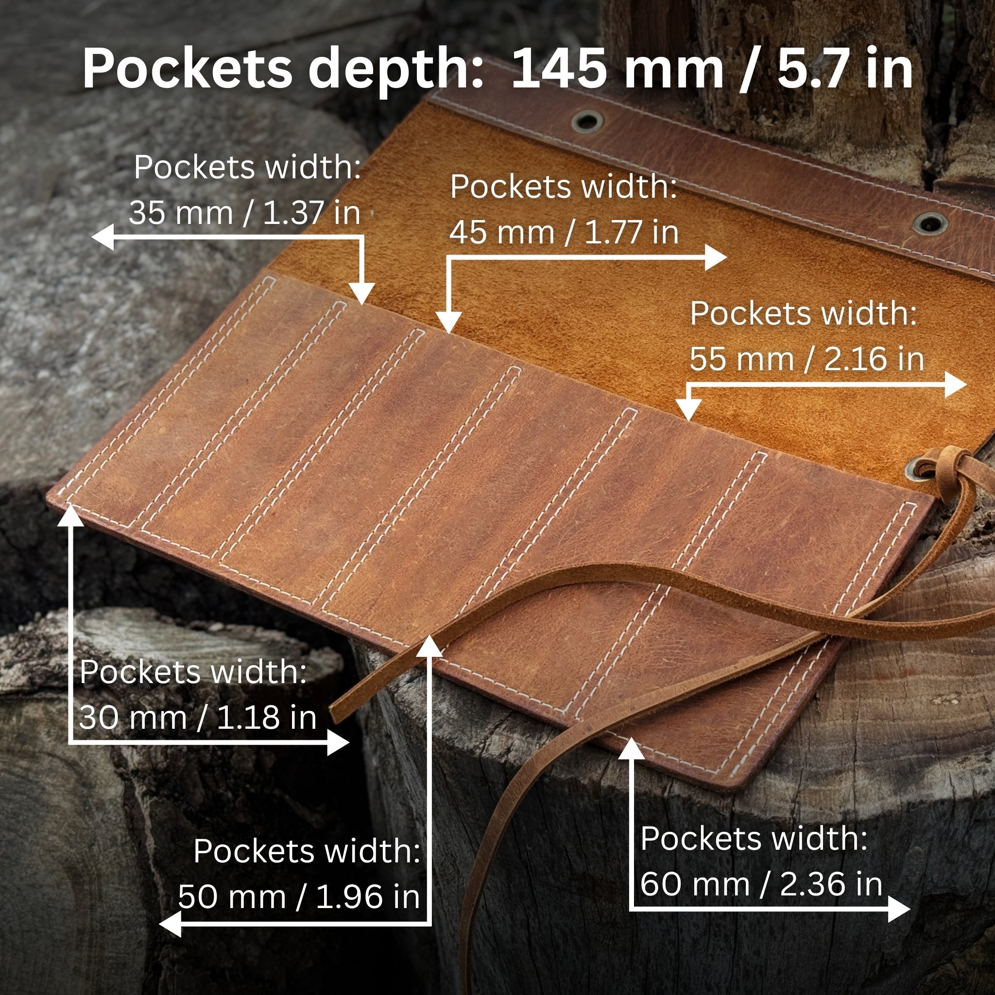 Handmade 6 Pocket Leather Chisel Roll made from genuine Crazy Horse leather, holding carving tools