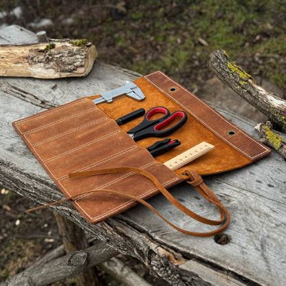 Handmade 6 Pocket Leather Chisel Roll made from genuine Crazy Horse leather, holding carving tools